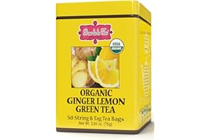 BREW LA LA TEA Brew La La Organic Green Tea - Natural Ginger Lemon Flavor - 50 Tea Bag Tin - Low Caffeine Tea - USDA Certified Organic