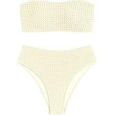 ZAFUL Women's High Cut Bandeau Bikini Set Strapless Solid Color 2 Pieces Bathing Suit Swimsuit (7-Beige,L)