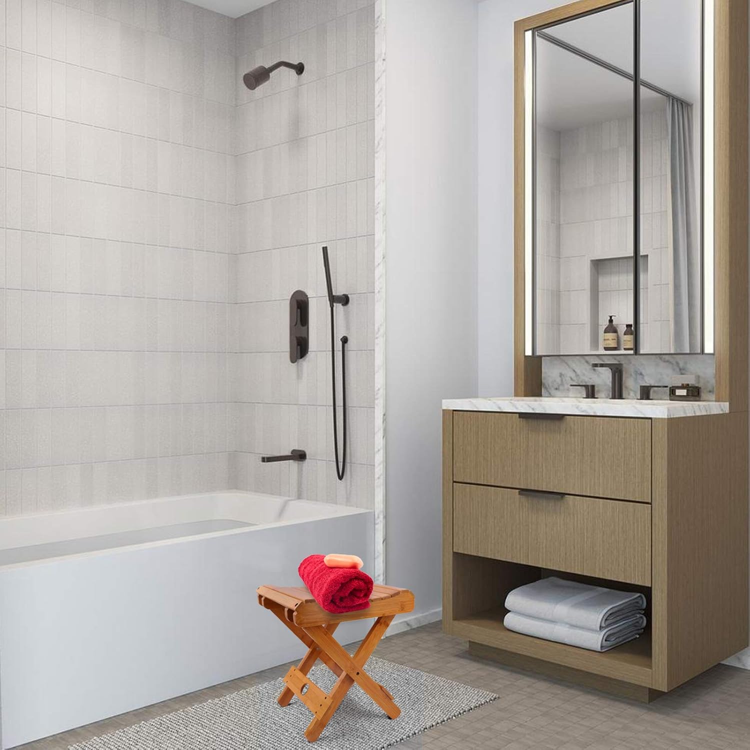 Shower Bench for Inside Shower,Shower Stool for Shaving Legs,Shower Seat for Small Spaces,Bath Chair for Spa Bathroom Sauna Foldable Fully Assembled Bamboo: Kitchen & Dining
