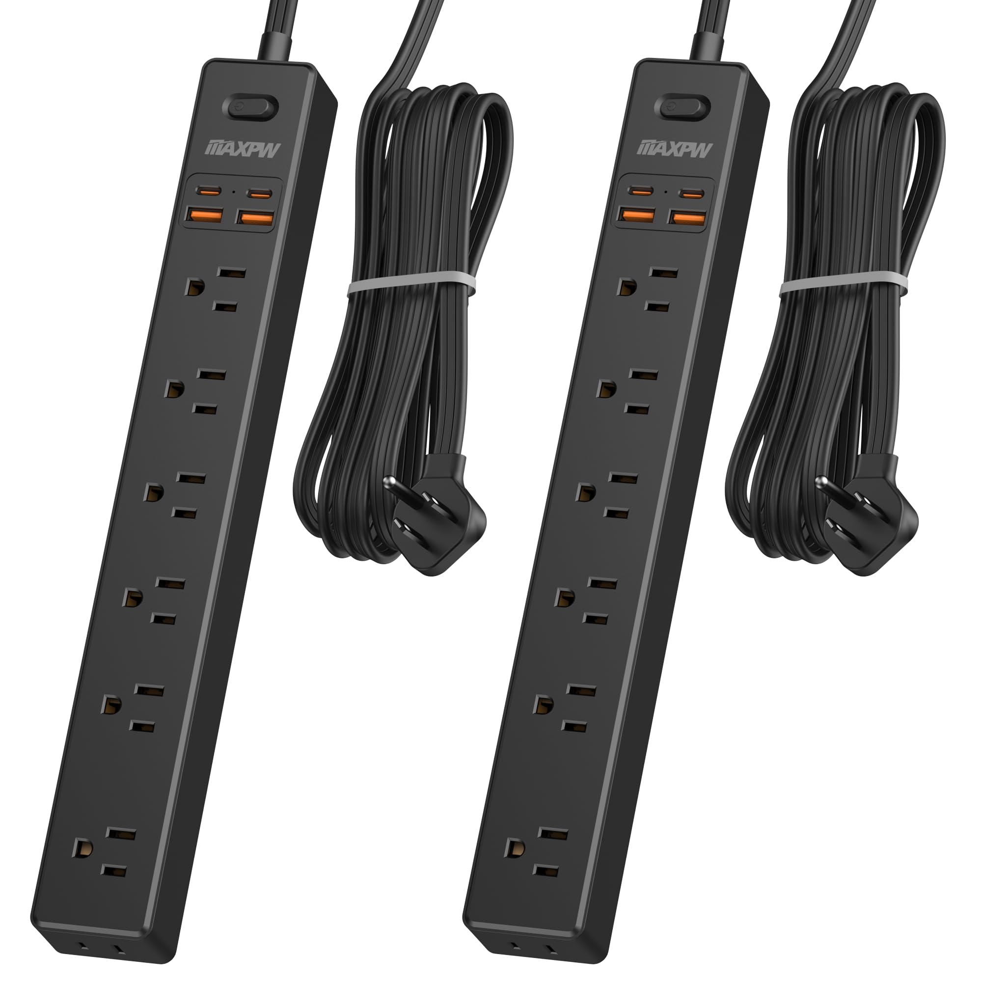 Photo 1 of 2 Pack Power Strip Surge Protector - 7 Outlets 4 USB Ports (2 USB C), Maxpw 10 Ft Ultra Thin Flat Plug Extension Cord, 1875W/15A, 1700 Joules, Wall Mount for Home Office Dorm, Black