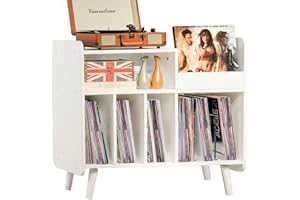 UODERS Record Player Stand, Large Record Player Table Cabinet with Open Vinyl Storage and Display Shelf Holds up to 350 Albums, Mid Century Wood Turntable for Living Room, Bedroom (White)