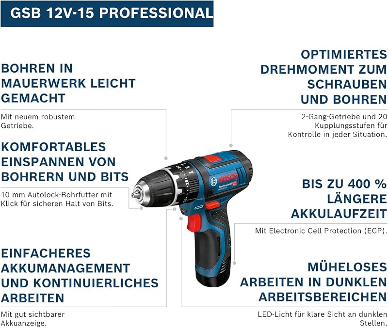 12V System Akku Schlagbohrschrauber GSB 12V-15 (Bohr-Ø Holz max: 19 mm, inkl. 2x 2.0Ah Akku + Ladegerät, 2x Bohrer-Set, 1x Bit-Set, Werkzeugtasche) - Amazon Exclusive