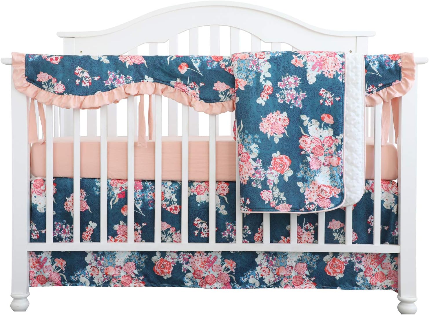 Crib Rail Guard Set Boho Floral Nursery Baby Bedding Ruffled Crib Skirt Crib Rail Cover Set (Coral Navy Peony)
