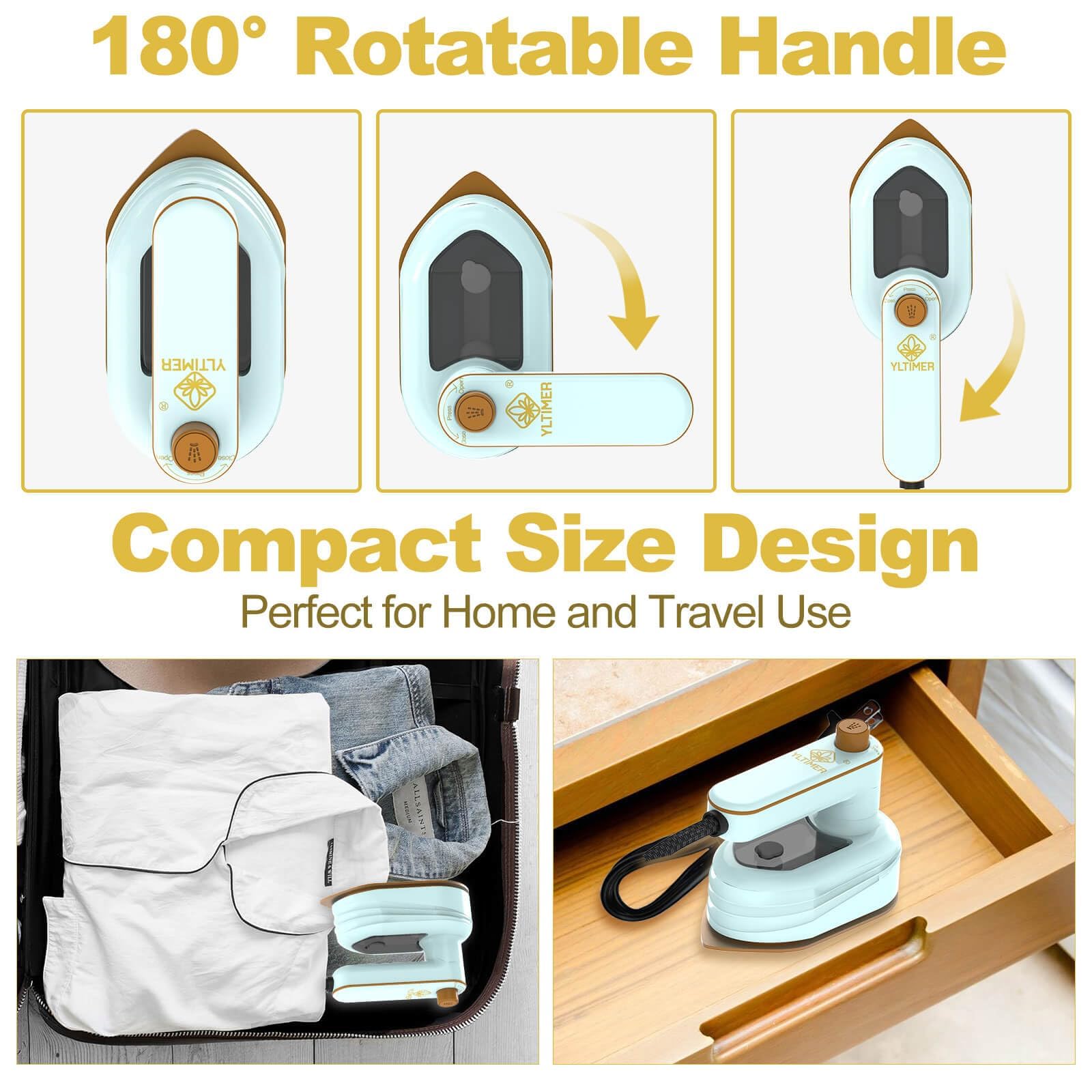 Portable Travel Mini Iron for Clothes, 180° Rotating Handheld Iron Steam, Small Size Ironing Machine Garment Steamer for Dry and Wet Ironing, Fabric Wrinkle Remover