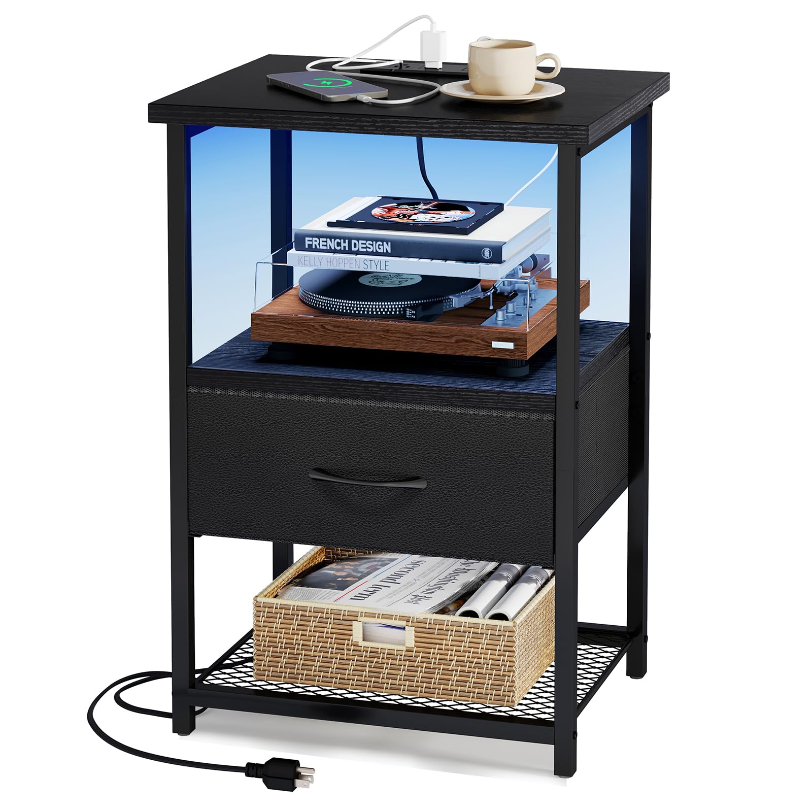 Photo 1 of Fixwal Night Stand with Charging Station, LED Nightstand Side Table with Fabric Drawers PU Finish, End Tables Bedroom, Bedside Table, Black