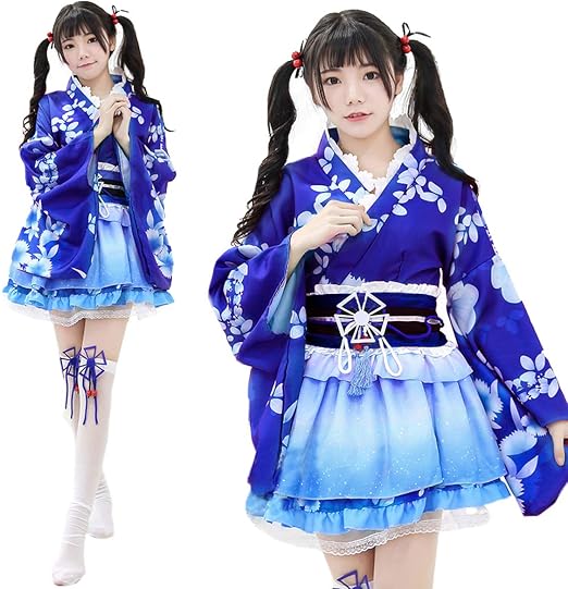 Amazon コスプレ 衣装 浴衣 コスチューム 女の子 浴衣ドレス 和服 ミニ 着物ドレス 花魁ドレス かわいい Cos1184 ブルー コスプレ 仮装 通販