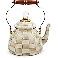 MACKENZIE-CHILDS Enamel Tea Kettle, Stylish Tea Kettle for Stovetop, Brown-and-White Mocha Check, 2 Quarts