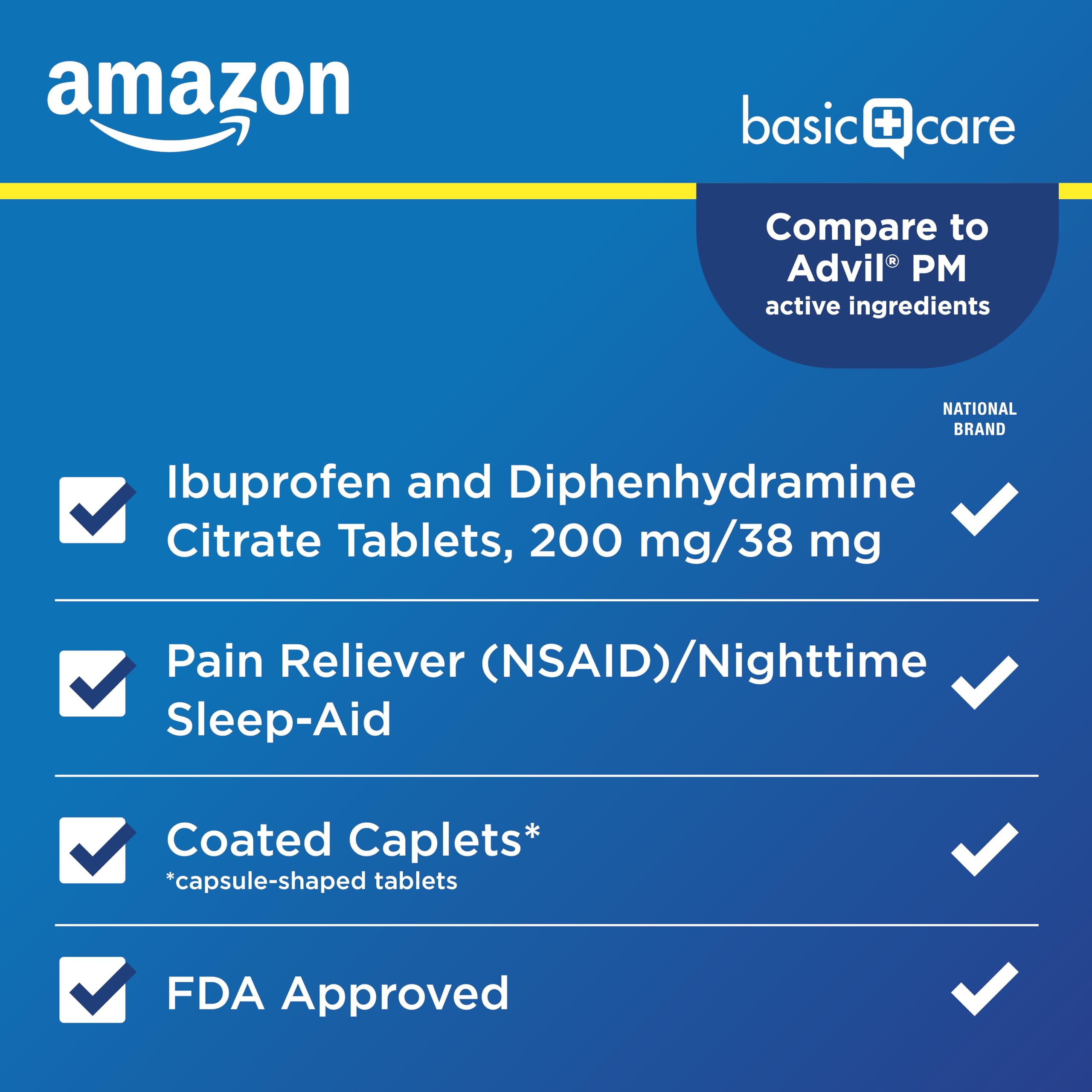 Amazon Basic Care Ibuprofen PM, Ibuprofen 200 mg and Diphenhydramine Citrate 38 mg Tablets, Pain Reliever and Nighttime Sleep-Aid, 120 Count (Packaging may vary)