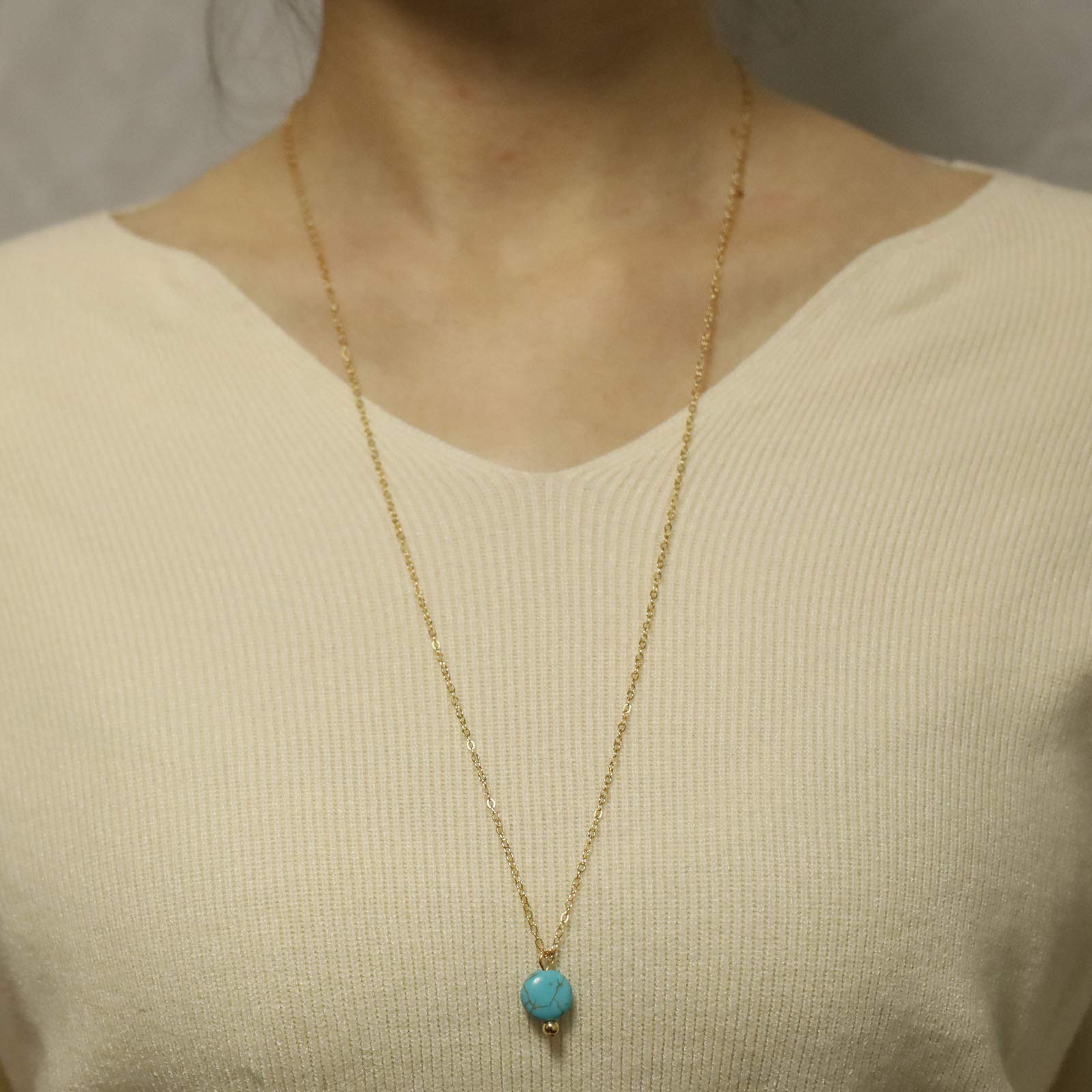 Yienate Boho Blue Turquoise Necklace Chain Dainty Round Turquoise Pendant Bohemian Long Charm Necklace Jewelry for Women and Girls (Gold)