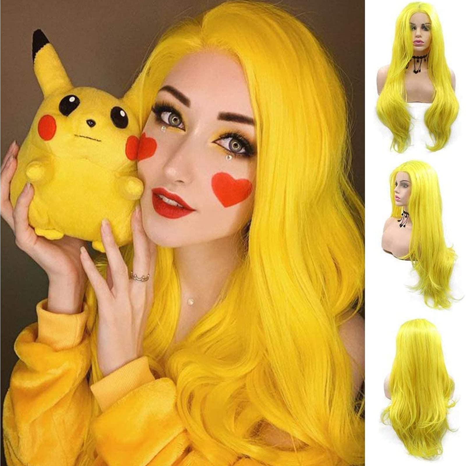 Limon Yellow Lace Front Wigs for Women Natural Long Wavy Yellow Wig Half Hand Tied Heat Resistant Fiber Hair Replacement Full Wig Party Daily 24 inch Wig