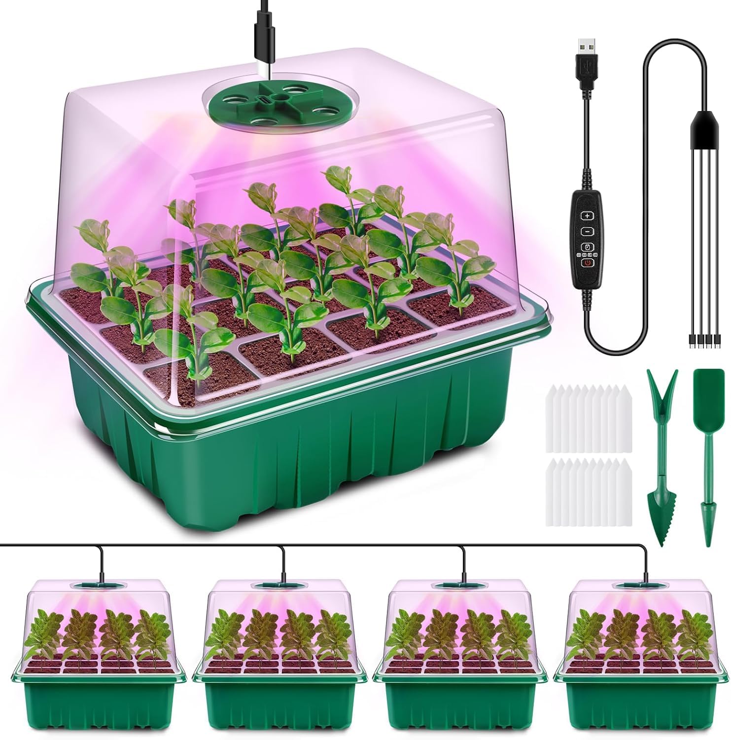YAUNGEL Seed Trays with Grow Light, 4 Pack Propagator with Timing Controller Adjustable Brightness, Thicken Seedling Trays with Humidity Domes Heightened Lids for Greenhouse & Gardens, Gift Box