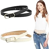 Trendy Women's Skinny Leather Belts, Black and White, 41.34 Inch Length, Gold Buckle, 2 Pack Set for Girls, Dress and Jeans Wear
