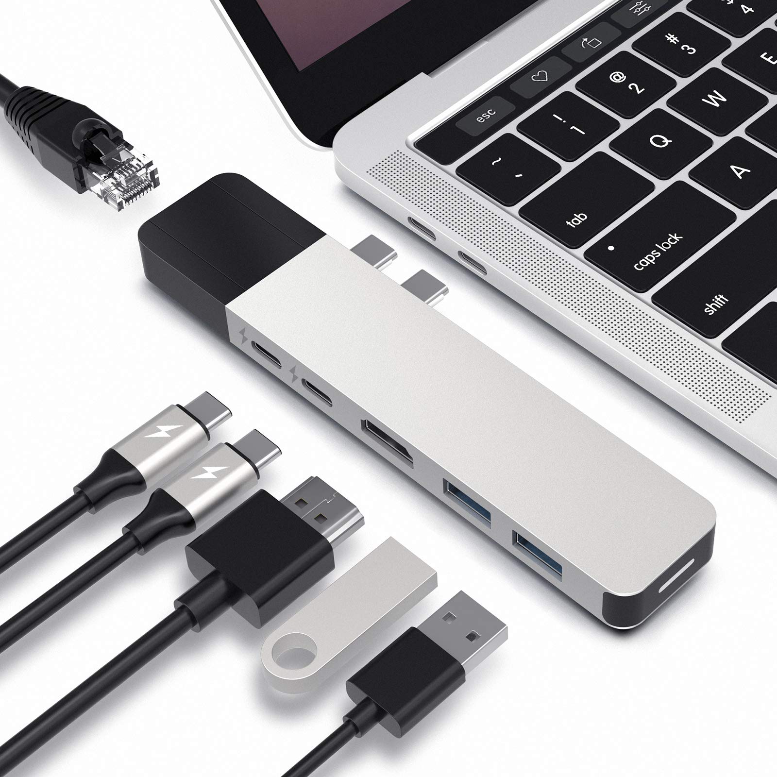 Hyper Drive USB C Hub, Dual Type C Hub Adapter voor MacBook Pro 2020 2019, Multi-Port Thunderbolt USB-C Dongle w Gigabit Ethernet, 40Gb/s C-USB 100W, 5Gb/s Type-C w 60W PD, 4K HDMI