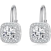 Cushion Cut Halo Earrings Solid 925 Sterling Silver Hypoallergenic Classic Square 7mm CZ Leverback Birthstone Earrings Jewelry Gifts for Women