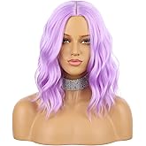 eNilecor Purple Wig, Short Colored Wigs Bob Wig for Women, Natural Wavy Colorful 14 Inch Middle Part Synthetic Lilac Neon Wig for Cosplay Party Costume（lavender Purple）