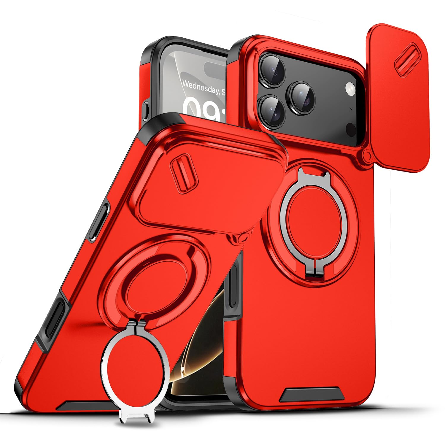 chubbycable Phone Case for iPhone 17 Air Chubbyarmor 2.0 Military-Grade Shockproof Magnetic Case with Camera Slide & 360° Kickstand Ring, Red