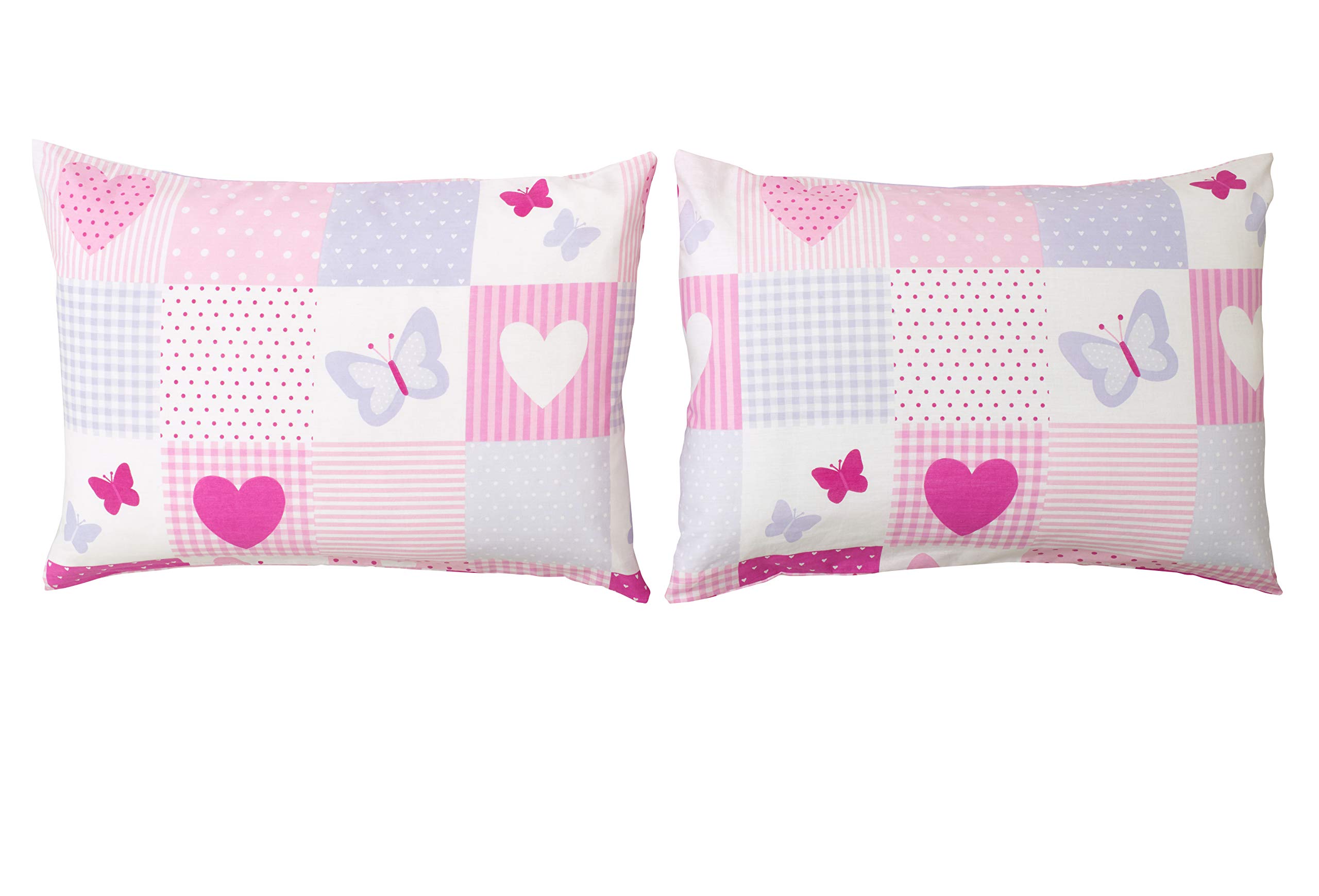 Bloomsbury Mill - Kids Pillow Cases 2 Pack - Hearts and Butterflies Patchwork - Pink Pillow Covers for Girls Duvet Cover Sets or Kids Travel Pillow - Pair of Childrens Pillowcases (Extra) - 50x75cm