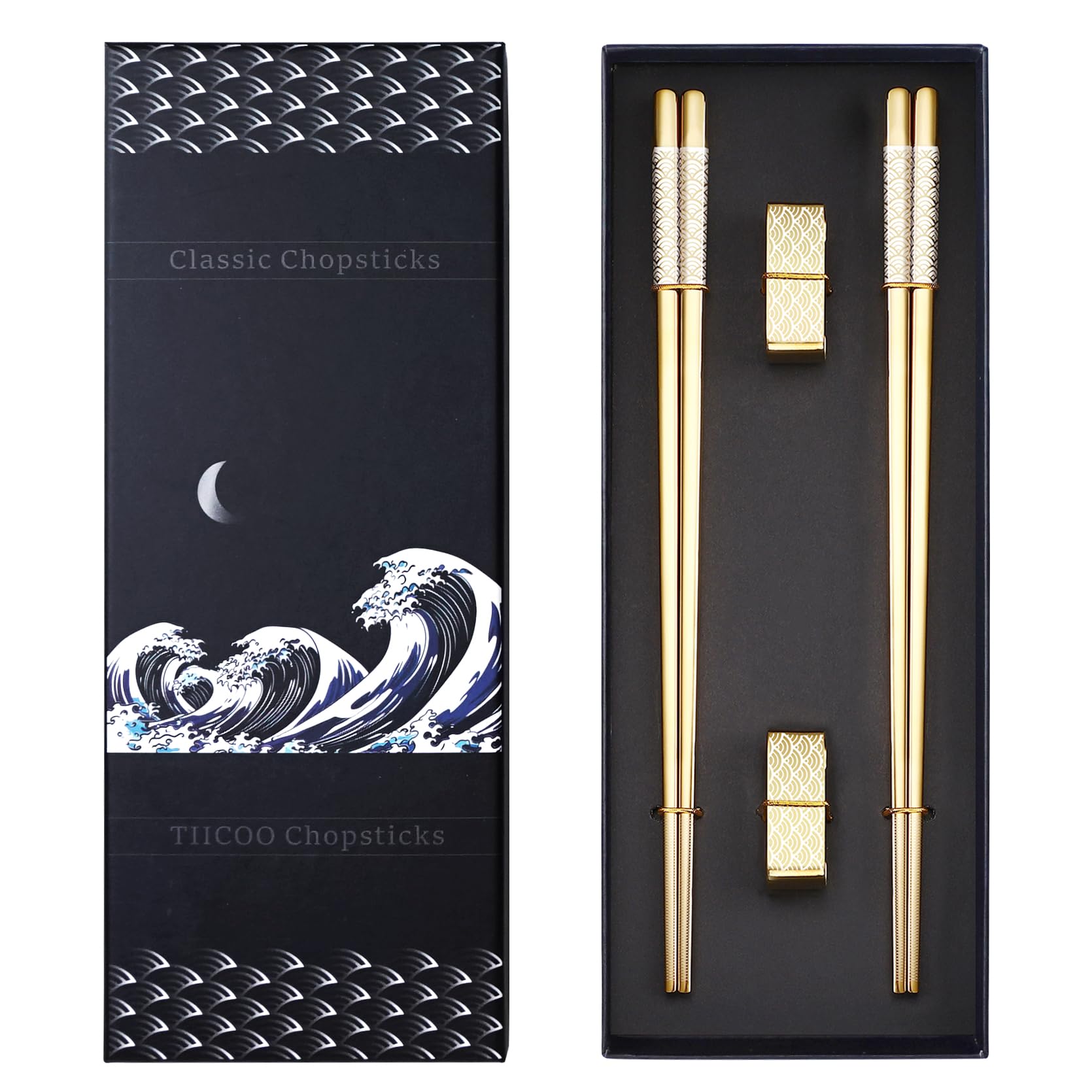 TIICOO Reusable Titanium Stainless Steel Chopsticks 2 Pairs with Holder, Dishwasher Safe, Lightweight Korean Japanese Chinese Chopsticks Gift Set (Gold)