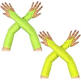 Boyiee 2 Pairs 80s Neon Stretchy Spandex Fingerless Gloves Ring Style over Elbow Cosplay Catsuit Opera Long Gloves(Green, Yellow)