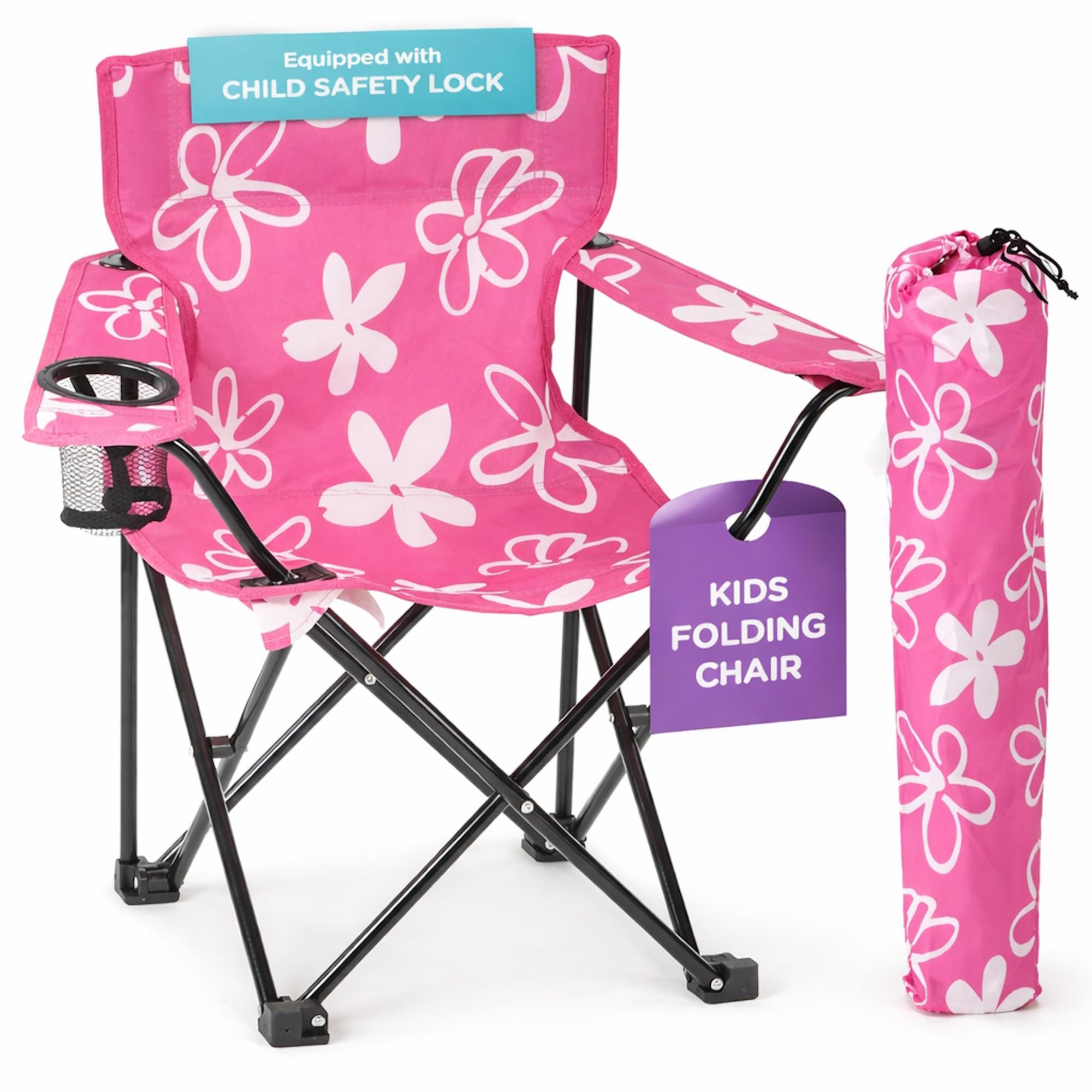Emily Rose Kids Pink Folding Beach Camp Chair with Cup Holder Safety Lock & Carry Case - Toddler Girls Chair Ages 2-7 Indoor Outdoor Lightweight Portable - Floral Design 125lb Capacity