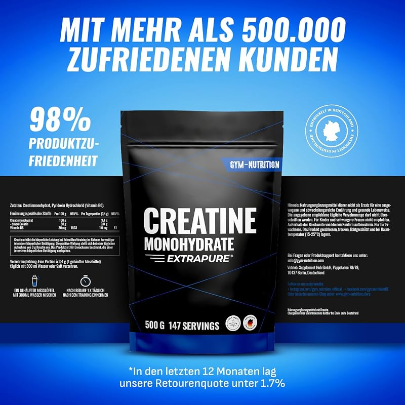 Creatin Monohydrat Pulver – 500g – Mikronisierte Qualität