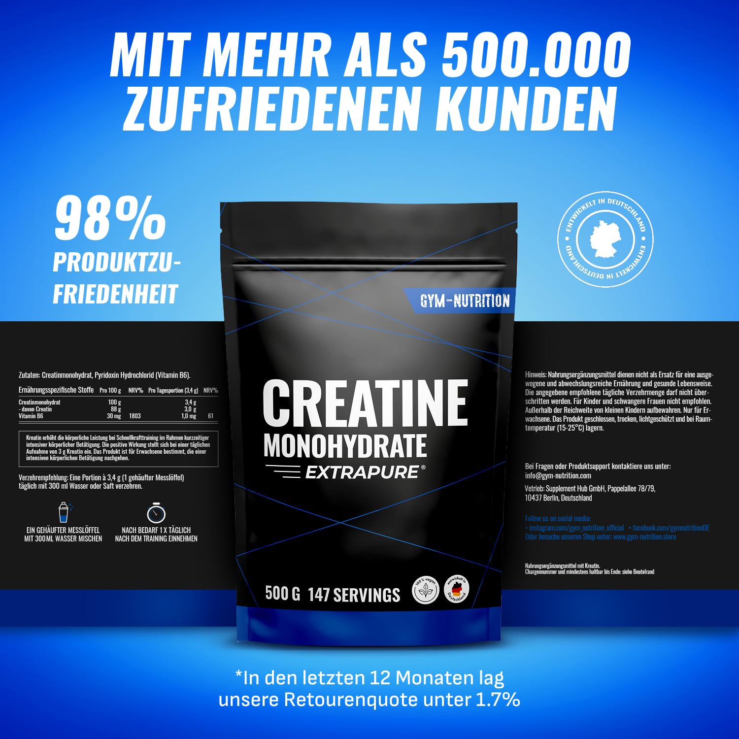 Creatin Monohydrat Pulver 500g - Kreatin Monohydrat in mikronisierter Qualität 100% vegan - Laborgeprüft 3