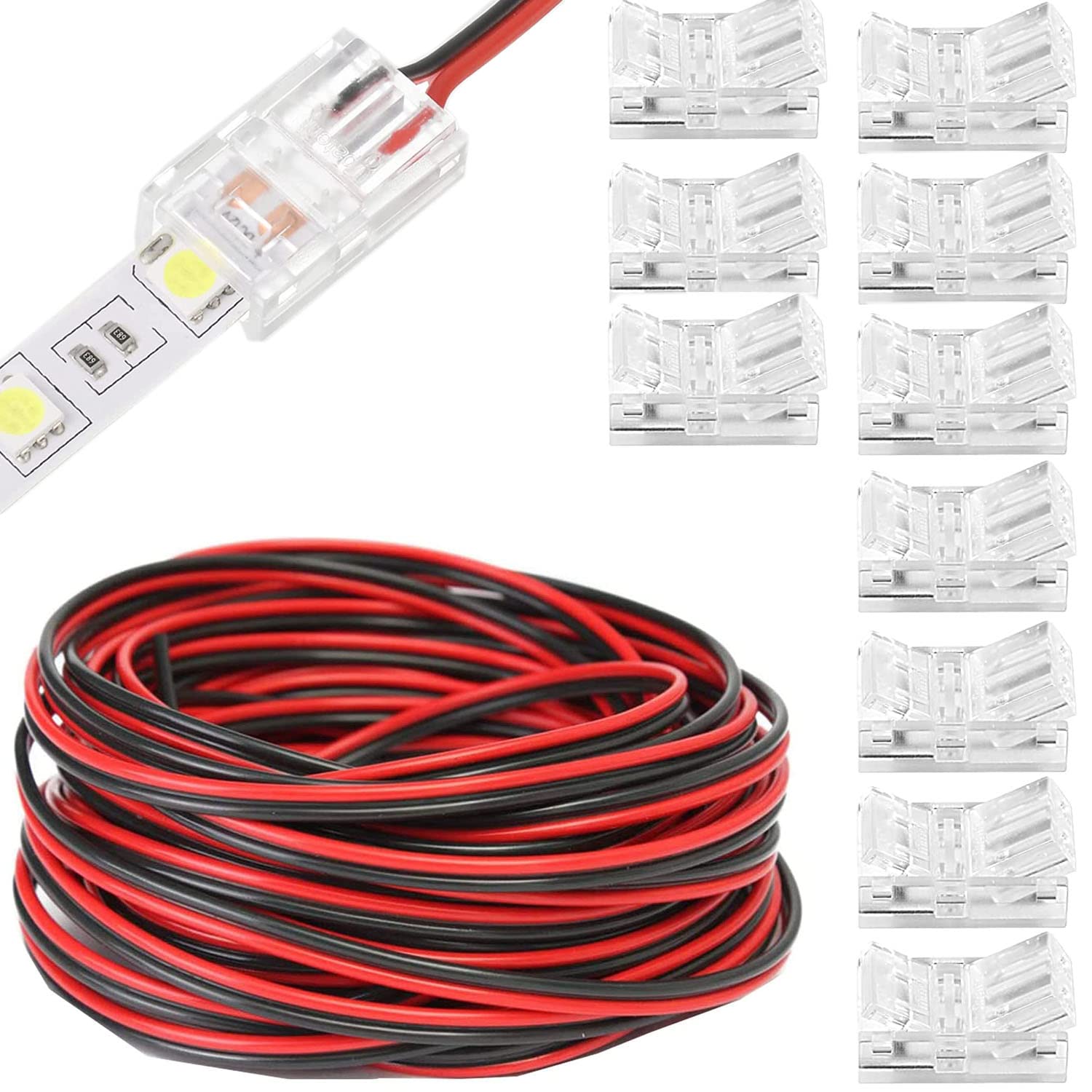 RUNCCI-YUN 3528 2835 2 Pin 8mm RGB LED Light Connector Kit, Includes 20 M led Extension Cable,Gapless Connector, for 8mm LED Strip to Wire Quick Connection