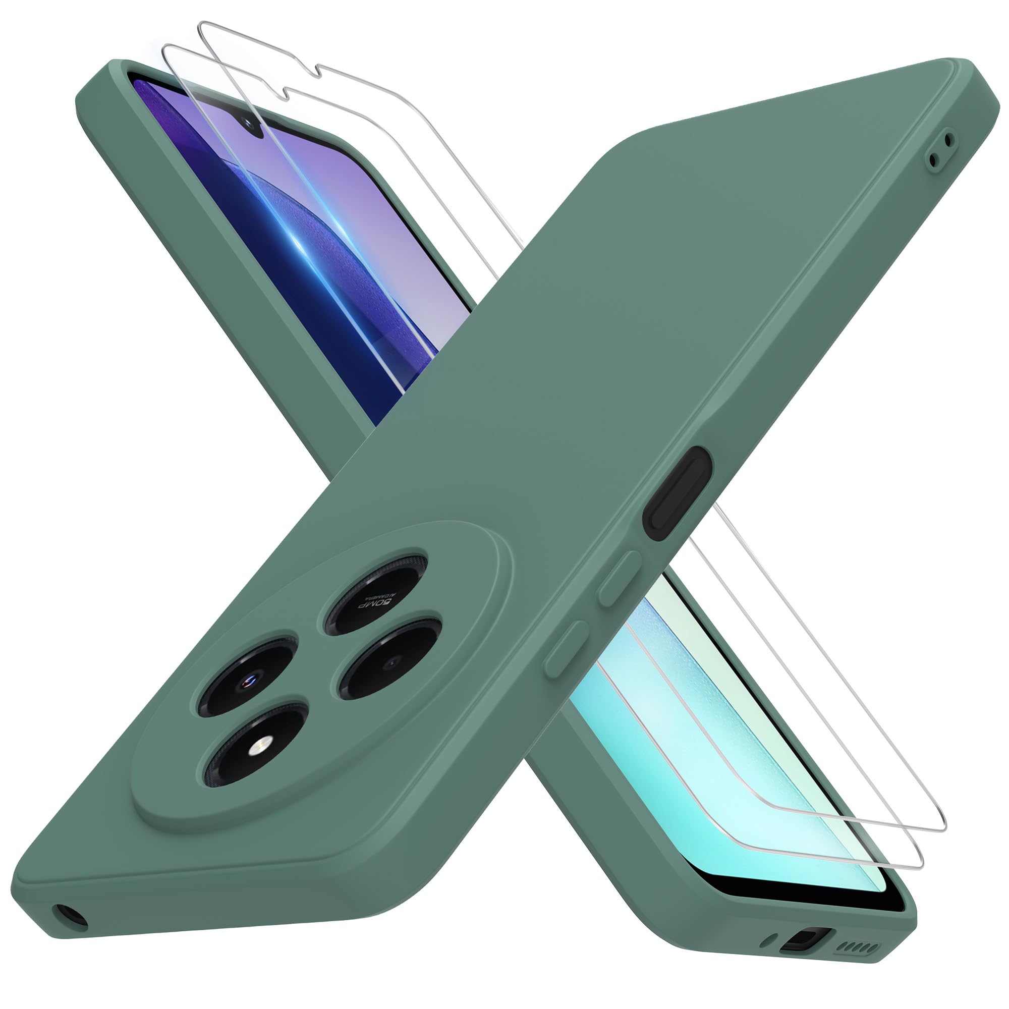 THIYUFUNS Case for Xiaomi Redmi 14C 4G with 2 Tempered Glass Screen Protector, Redmi 14C Case Silicone Slim Fit Shockproof Anti-Scratch Compatible with Xiaomi Redmi 14C 4G - Dark Green