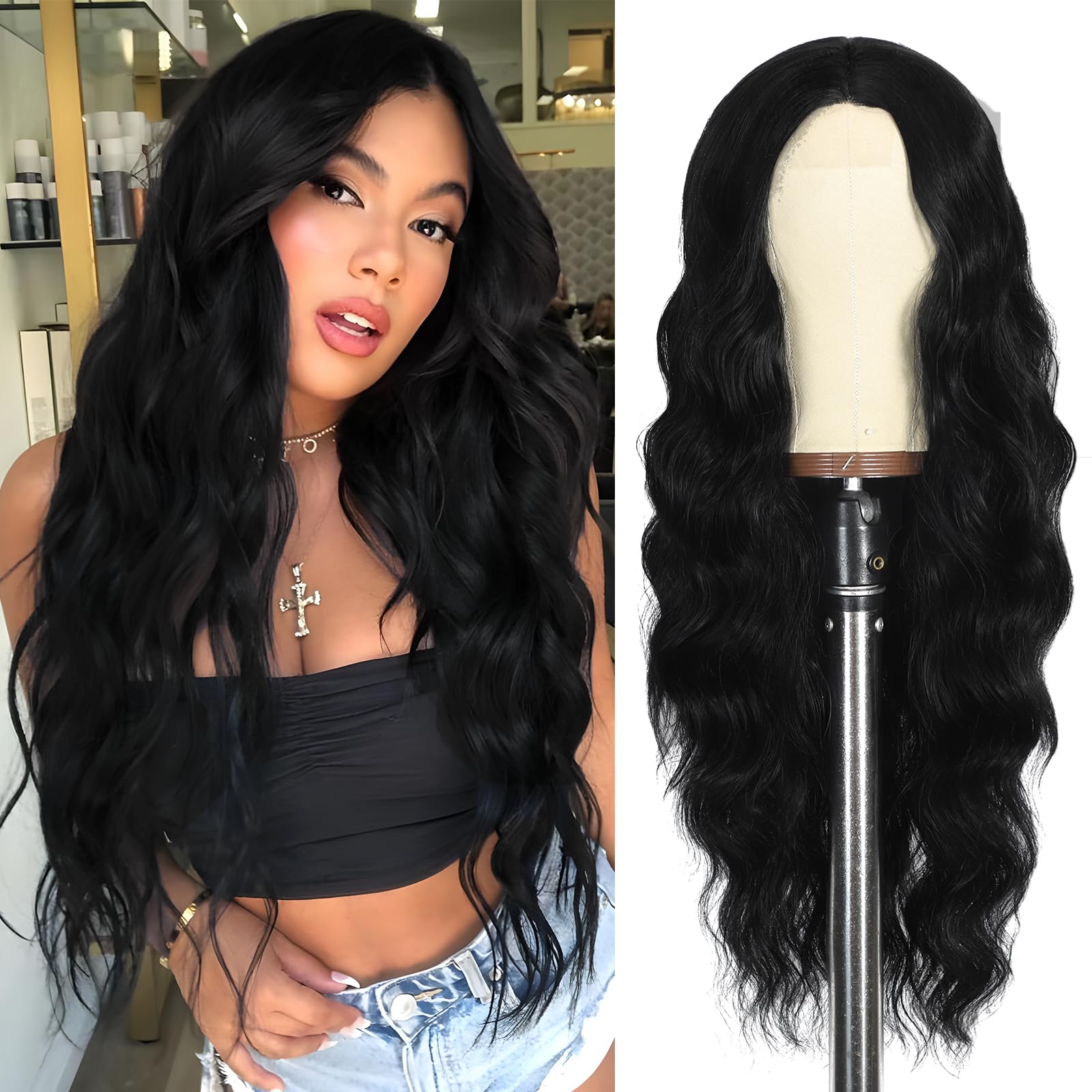 Photo 1 of 26 Inch Long Black Wig for Women | Middle Part Culy Wavy Wig | Heat Resistant & Natural Looking | Lightweight Synthetic Hair for Daily Use, Halloween, Cosplay