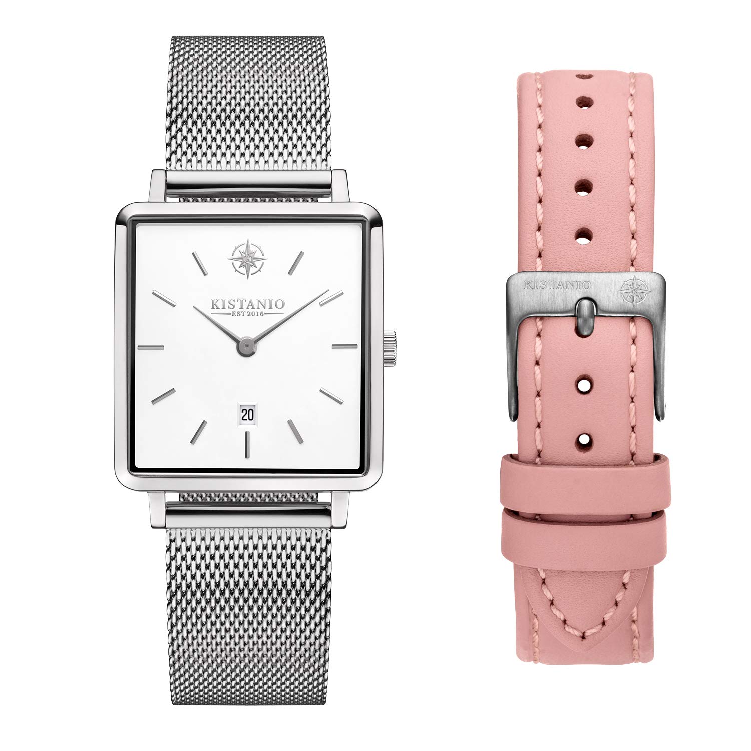 Kistanio Carre Women's Watch with Sapphire Glass and Milanese Strap and Extra Leather Strap SI-WH-M-L-ZRO