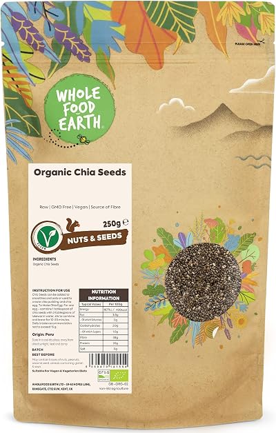 Wholefood Earth Organic Chia Seeds – 250g Raw GMO Free Vegan Fibre