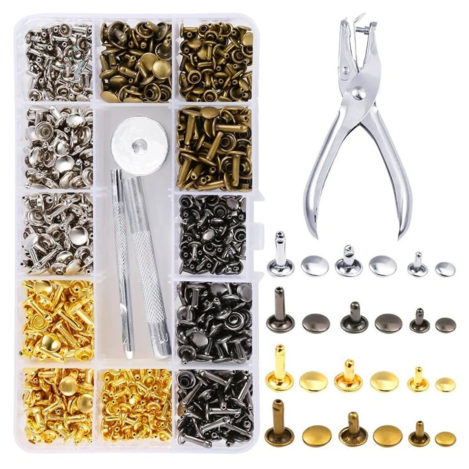 Leather Rivets, 180Pcs Double Cap Rivet, 3 Sizes 4 Colours Tubular Metal Studs Multicolor Double Cap Rivets with Leather Hole Punch Pliers and Fixing Tool Kit for DIY Leather Crafts Jackets