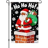HOMETITUTE Ho Ho Ho African American Black Santa Garden Flag 12x18 Inch Double Sided Santa with Gift Bag in Chimney Snowflake Flags Holiday Outdoor Winter Yard Banner Christmas Welcome Flag