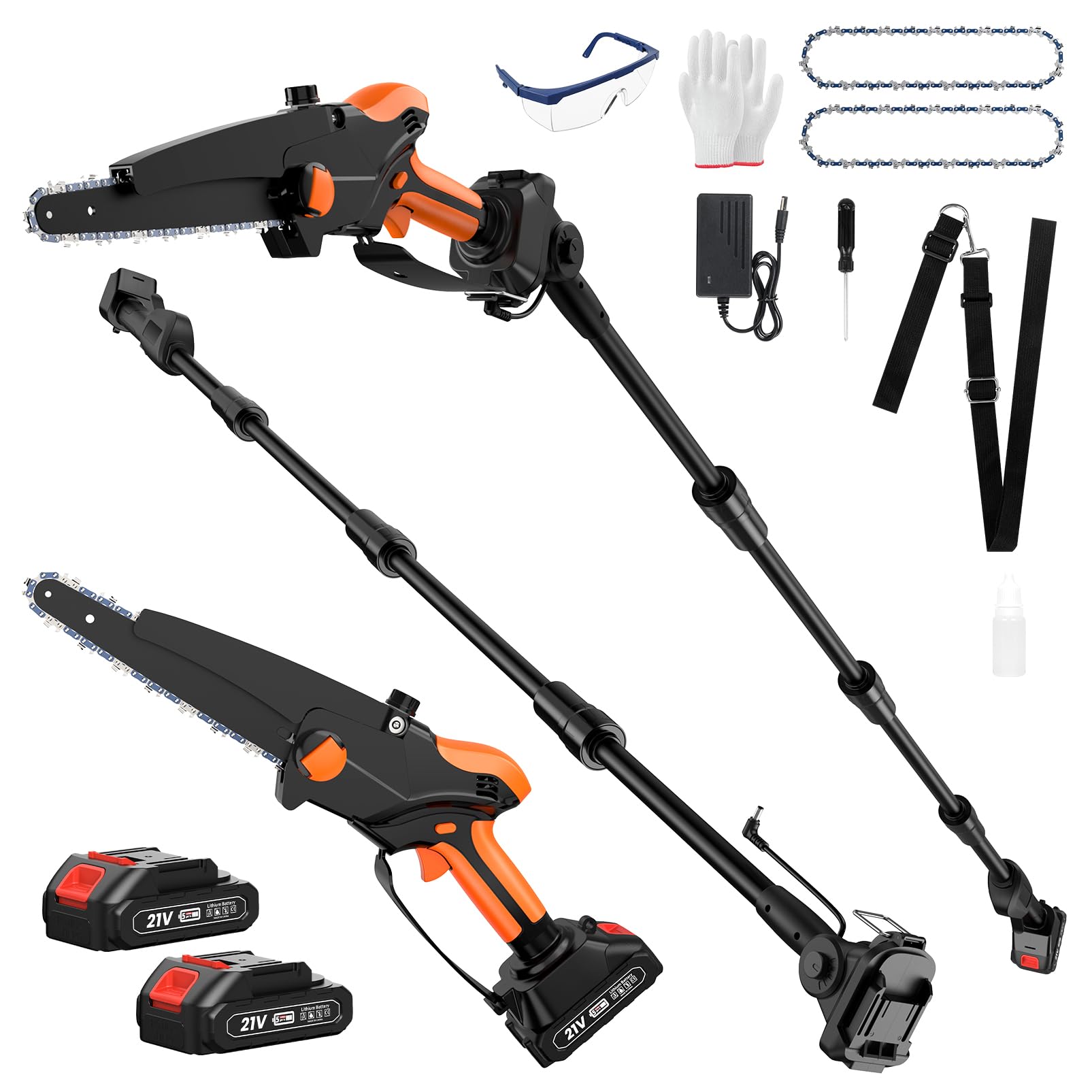Photo 1 of 2-IN-1 Cordless Pole Saw & 8" Mini Chainsaw Battery Powered, Electric Pole Saws for Tree Trimming with 2 x 21V Batteries, Auto Oiling, 13.5 FT Max Reach, Handheld Chainsaw & Pole Saw Combination