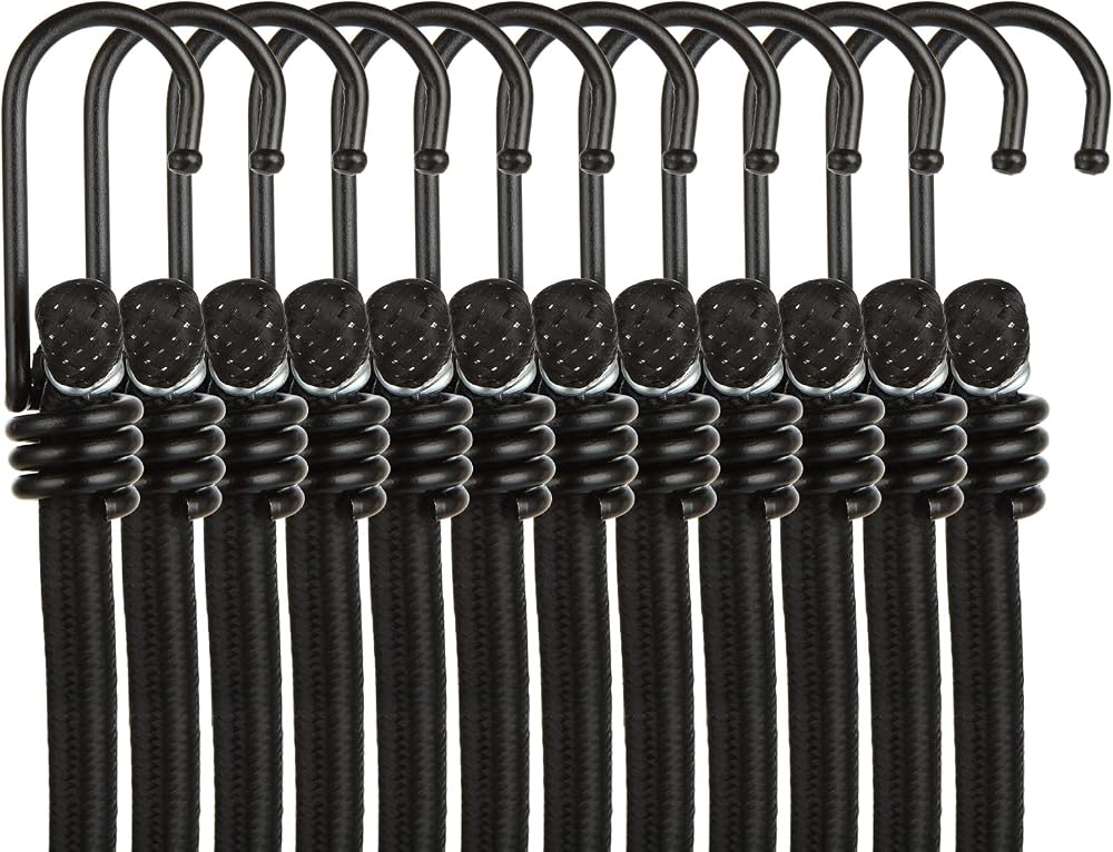 ASelected 12pk Bungee Cords 12" Black Heavy Duty Rubber Metal Hooks UV Resistant