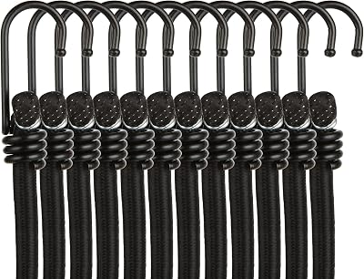 ASelected 12pk Bungee Cords 12" Black Heavy Duty Rubber Metal Hooks UV Resistant