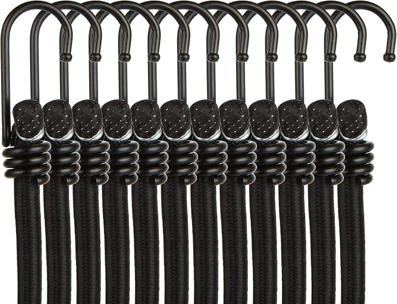 ASelected 12pk Bungee Cords 12" Black Heavy Duty Rubber Metal Hooks UV Resistant
