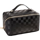SHELFLOVER Travel Toiletry Bag Makeup Bag, Water-Resistent Cosmetic Bags for Women, Portable Pouch Open Flat Make Up Organizer Case, Cosmetic Bags, Black Grid