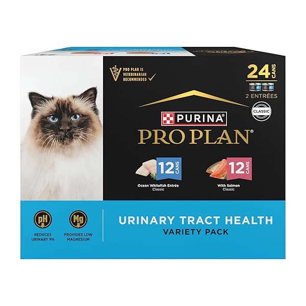 PURINA PRO PLAN URINARY TRACT HEALTH PATE CAT FOOD VARIETY PACK, OCEAN WHITEFISH AND WITH SALMON ENTREES – (PACK OF 24) 3 OZ. CANS