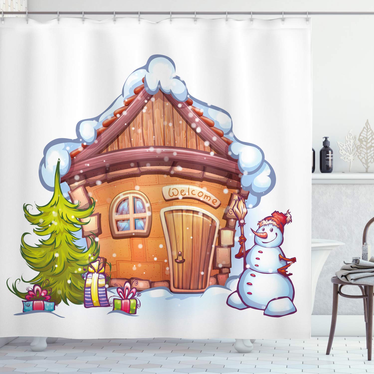 ABAKUHAUS Christmas Shower Curtain, Cartoon Style House with Snowy Roof Snowman and Fir Tree Presents, Cloth Fabric Bathroom Decor Set with Hooks, 175 x 200 cm, Caramel Green White