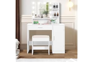 usikey Makeup Vanity Desk for Christmas, Vanity Desk Set with 1 Drawer, 1 Cabinet & 3 Shelves, Makeup Vanity Table with Stool for Bedroom, 3 Lighting Modes & Brightness Adjustable, White