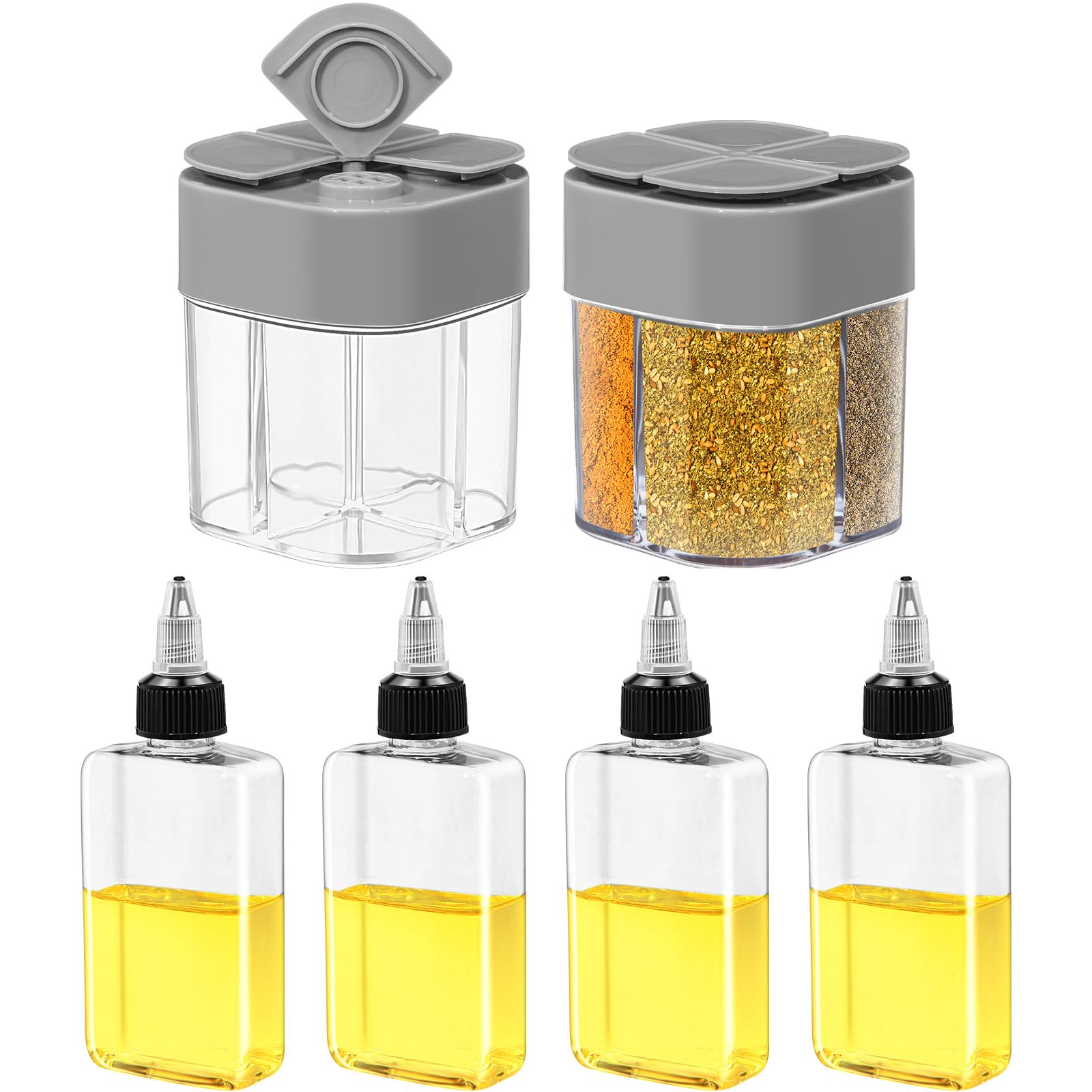 Photo 1 of ***MISSING PIECES***Gerrii 4 Pcs Small Oil Dispenser Bottle for Camping and 2 Pcs 4 in 1 Spice Container Cap 3.4oz Leakproof Squeeze Condiment Bottle with Cap Salt Pepper Shaker Set for Camping BBQ Restaurant(Gray)