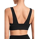 Yvette Workout Sports Bra for Women - Rib-Knit Patchwork Design, Elastic Wide Strap Yoga Bra, Breathable Gym Top for Running & Fitness Black