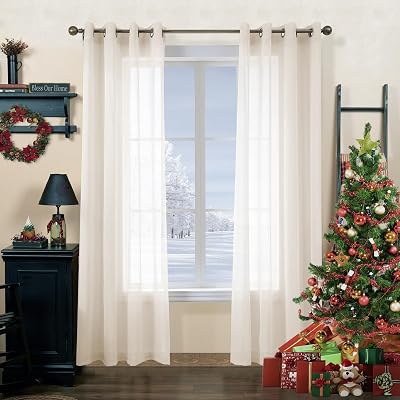 CUCRAF Net Curtains Eyelet Voile Sheer Linen 90cm Drop Pair 1.5in Rod