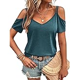 Eachyes Womens Summer Cold Shoulder Tops Low Back Short Sleeve V Neck T Shirts Sexy Casual
