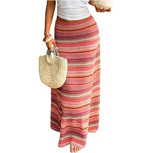 SOLY HUX Women's Striped Crochet Maxi Skirt Knit Low Rise Bodycon Boho Summer Vacation Long Skirts