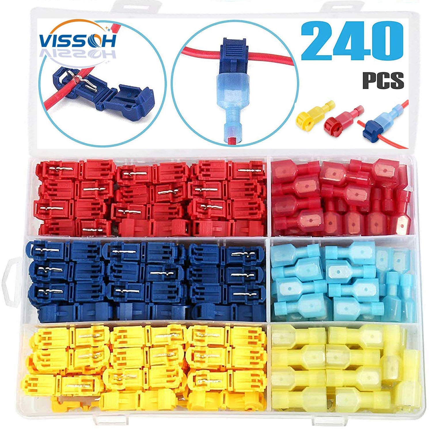 VISSQH 240Pcs T Tap Electrical Connectors, Quick Splice Wire Terminals, T Tap Electrical Connectors, with Nylon Fully Insulated Male Spade Quick Disconnects Kit (Yellow, Red and Blue)
