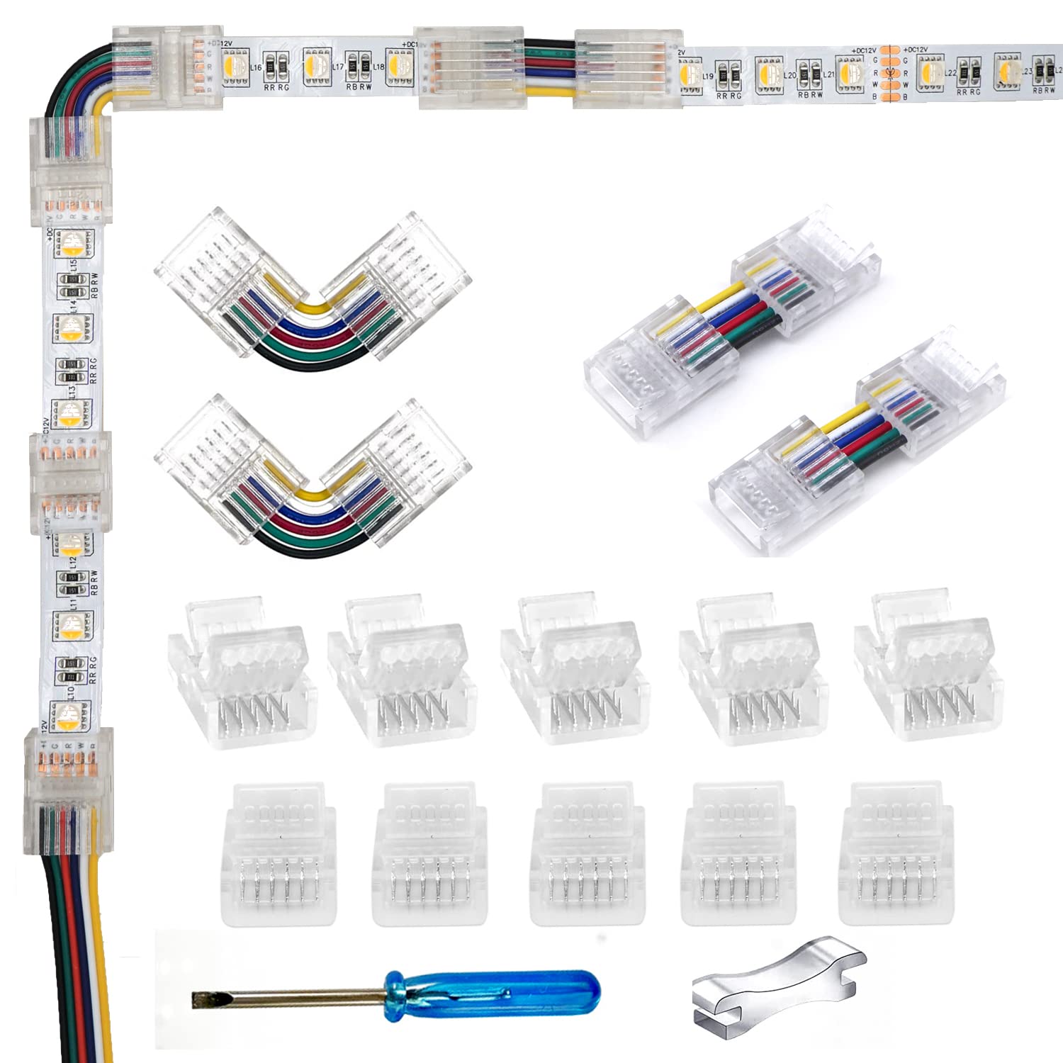 YUTOKEER 6-Pin 12 mm RGBWW LED Strip for Wire/Strip for Strip, Plug, Unwired Clips, Solderless Adapter, Terminal Extension Connector, 2 Pieces L-Shape/H-Shape Plug for LED Lights, 12 V, 24 V