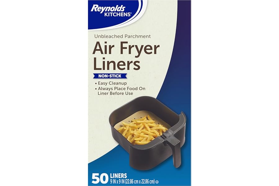 Reynolds Kitchens Air Fryer Liners Disposable, Unbleached Parchment Paper Sheets, 50 Count Book