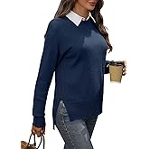 AMZANGEL Women's Merino Wool Blend Sweater Crew Neck Side Slit Pullover